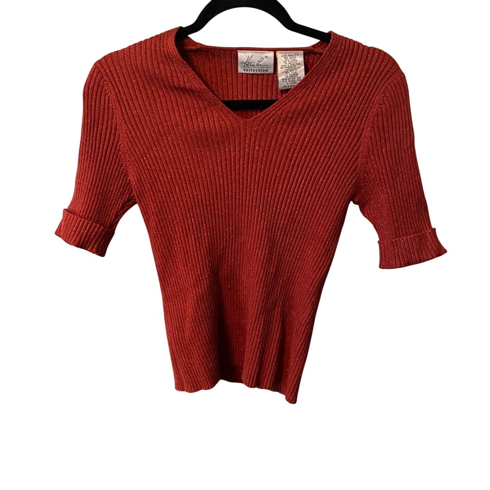 Kathie Lee Collection Red Sparkle Knit V-Neck Short Sleeve Top‎ Women's Size S